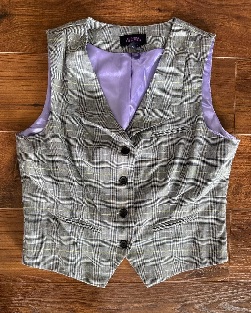 Suzanne Somers Glen Plaid Vest Grey Purple Lining 2