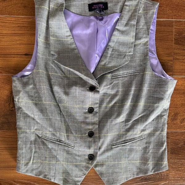 Suzanne Somers Glen Plaid Vest Grey Purple Lining