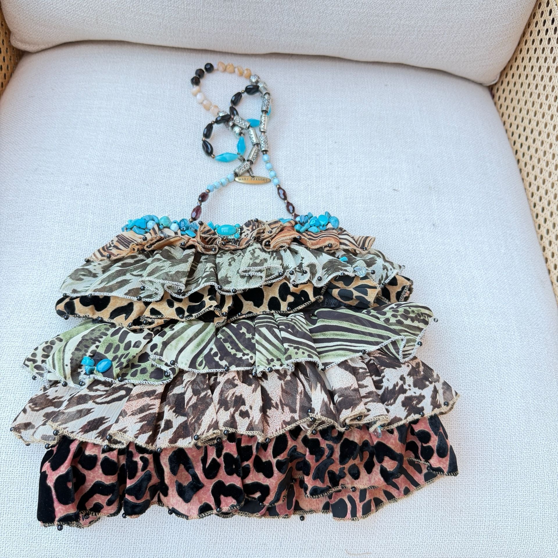Mary Frances Bag 853 Animal Print Ruffle Turquoise Beaded Shoulder Bag 2