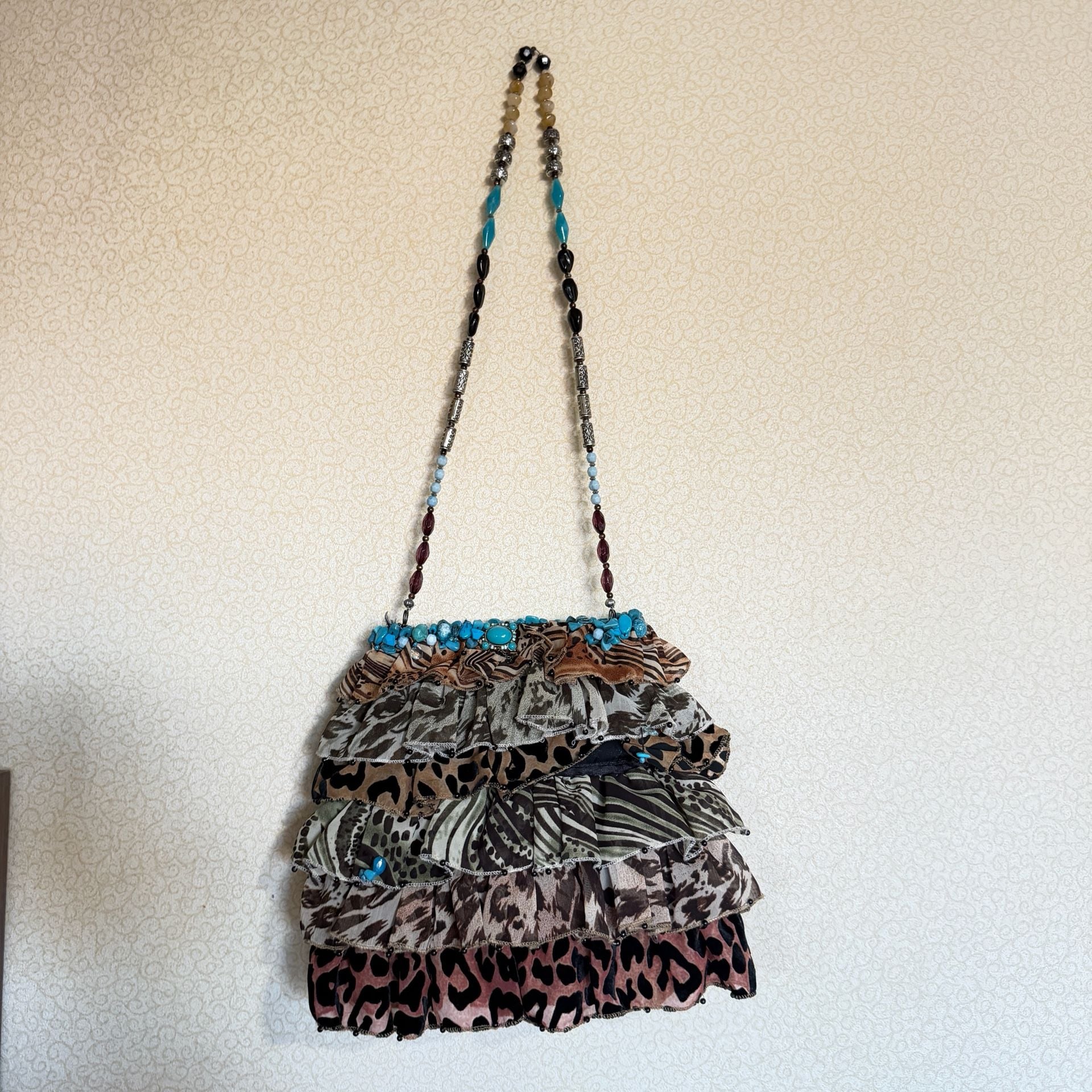 Mary Frances Bag 853 Animal Print Ruffle Turquoise Beaded Shoulder Bag 4