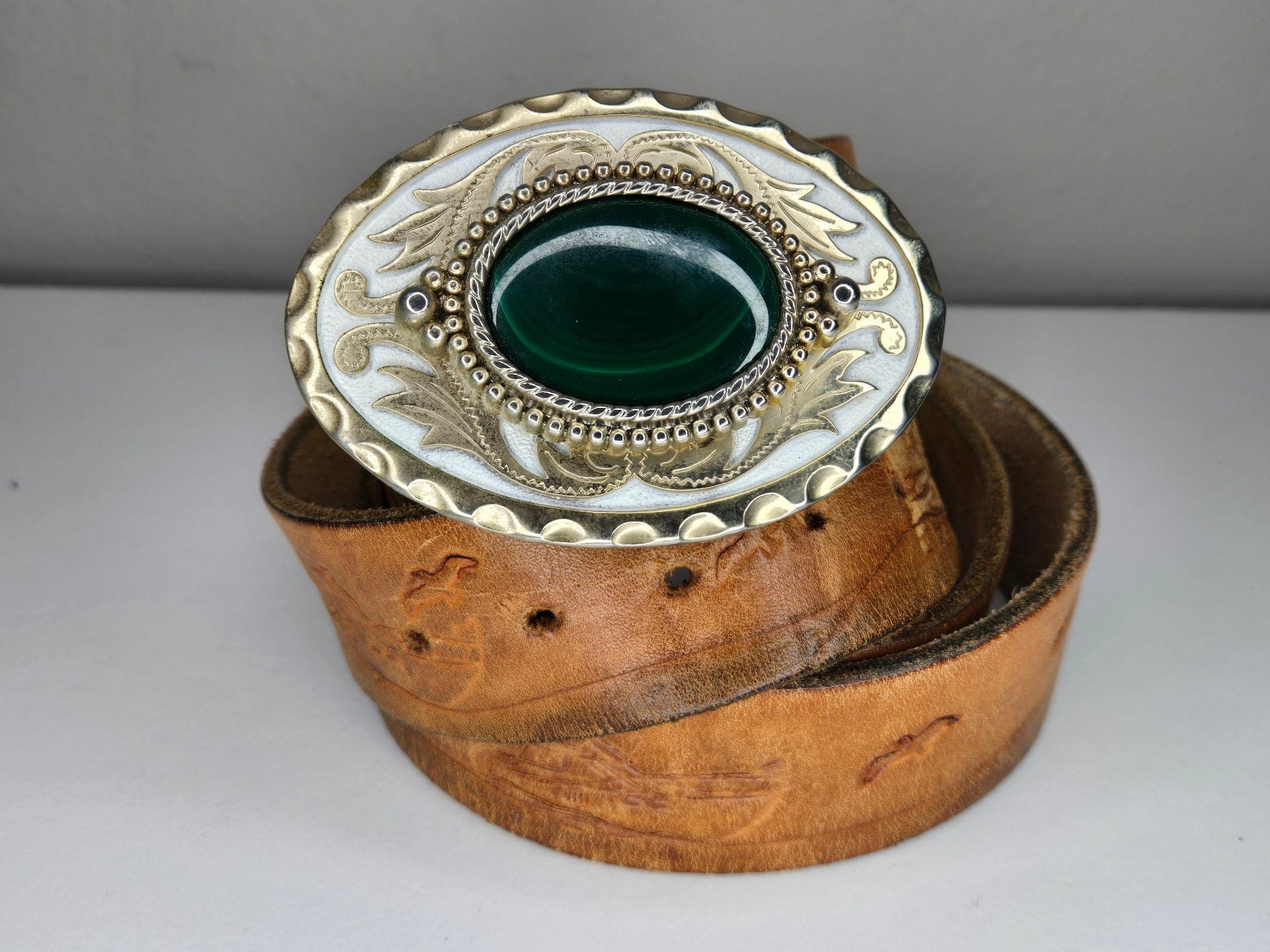 Michael Surges Handcrafted Western Leather Belt Size 38 Green Stone 1
