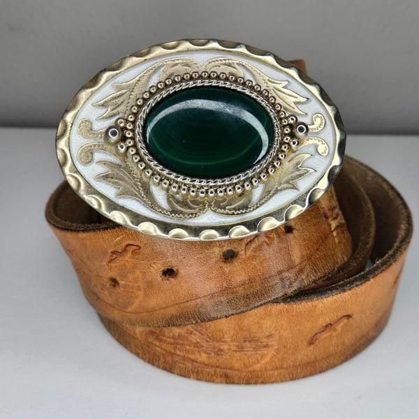 Michael Surges Handcrafted Western Leather Belt Size 38 Green Stone