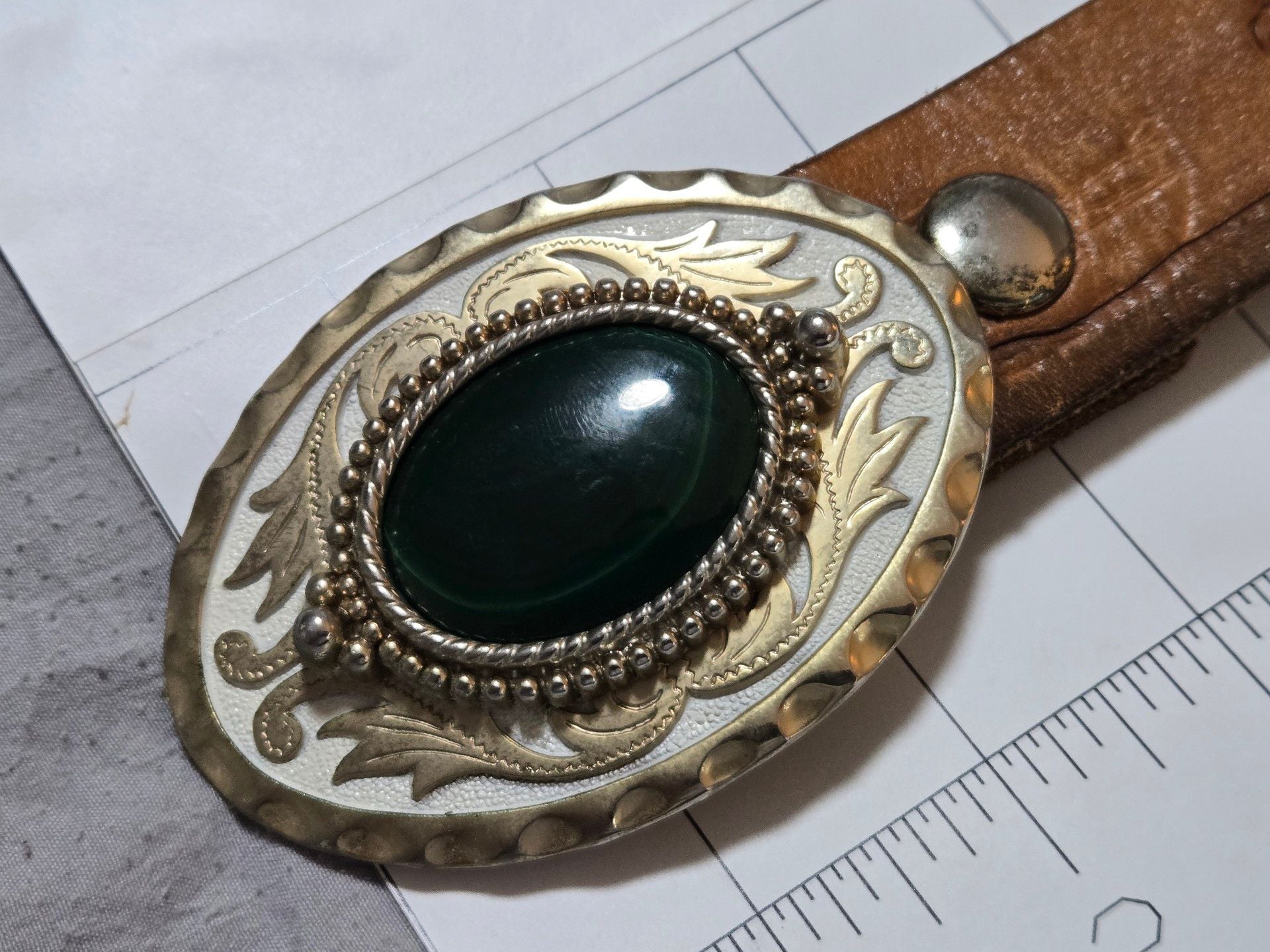 Michael Surges Handcrafted Western Leather Belt Size 38 Green Stone 5