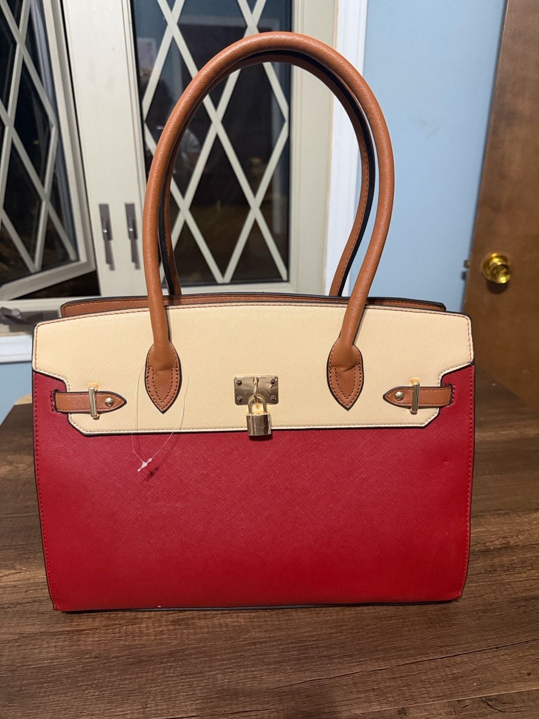 Chic & Savvy Handbags Tri-Color Satchel Handbag Red Beige Brown 2