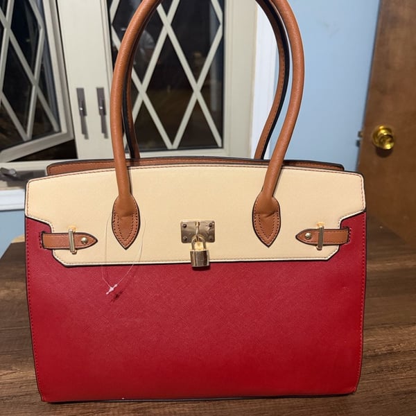Chic & Savvy Handbags Tri-Color Satchel Handbag Red Beige Brown