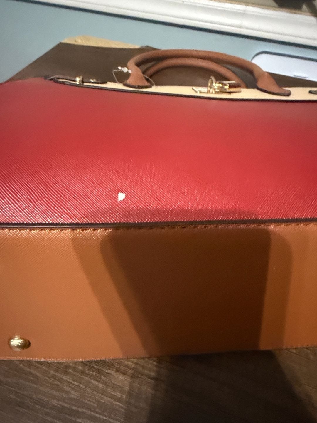 Chic & Savvy Handbags Tri-Color Satchel Handbag Red Beige Brown 7
