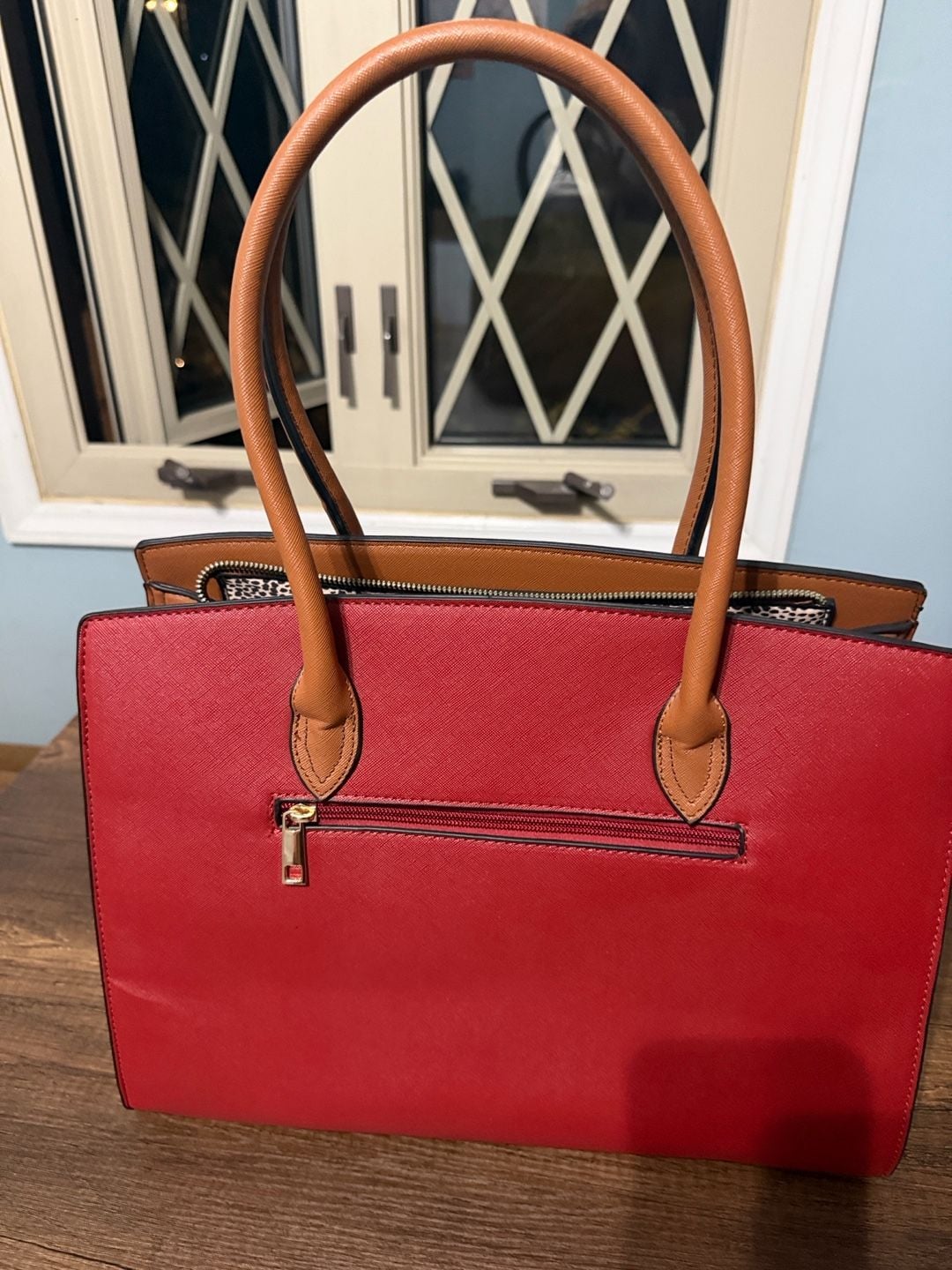 Chic & Savvy Handbags Tri-Color Satchel Handbag Red Beige Brown 9