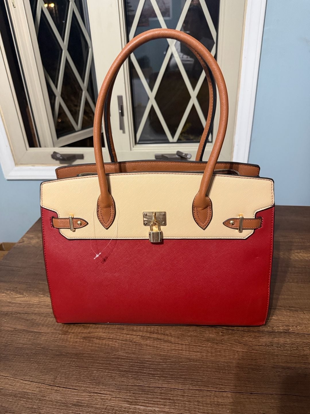 Chic & Savvy Handbags Tri-Color Satchel Handbag Red Beige Brown 12