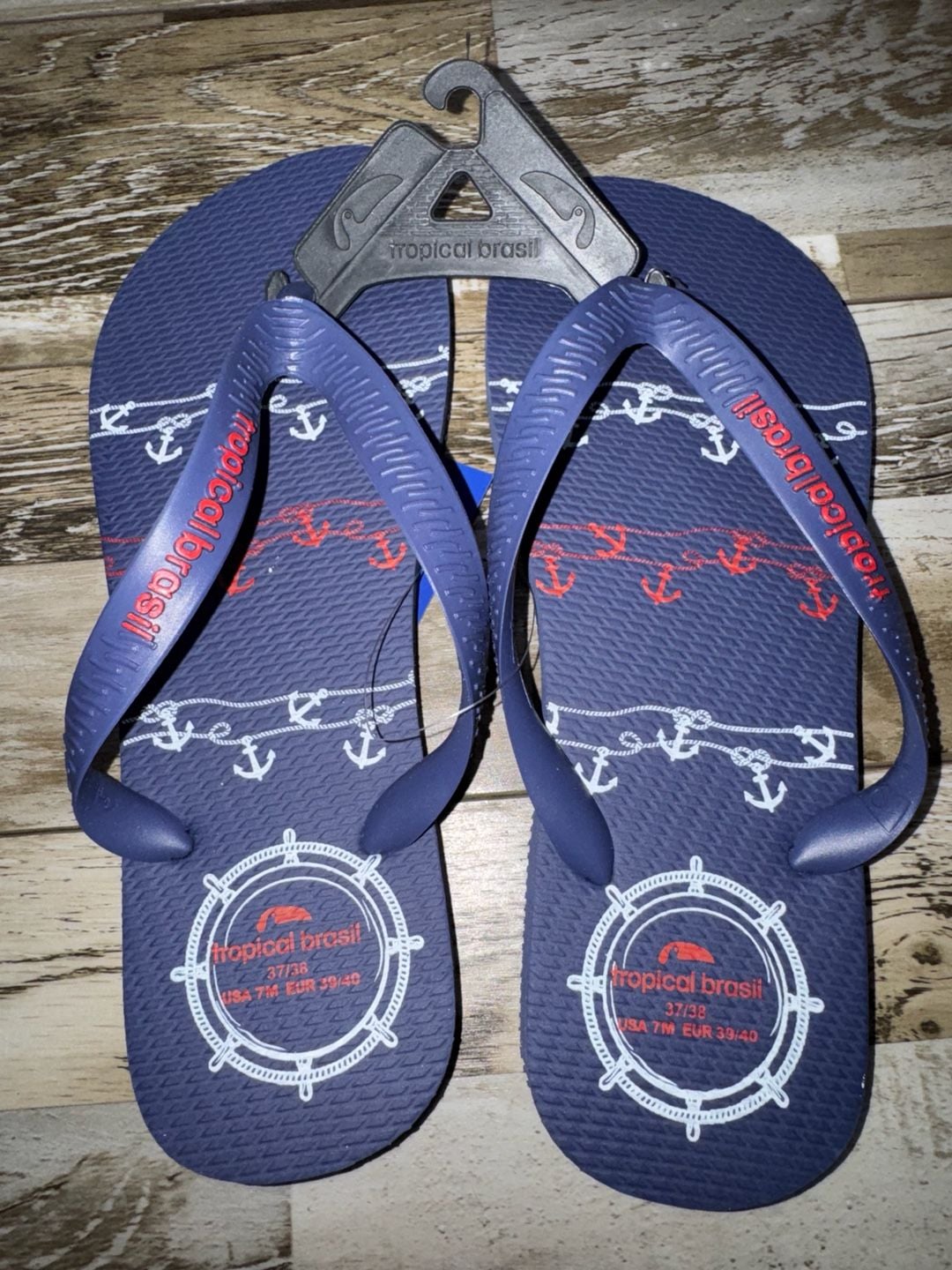 Tropical Brasil Unisex Flip Flops Size USA 7M Navy Anchor Nautical 2