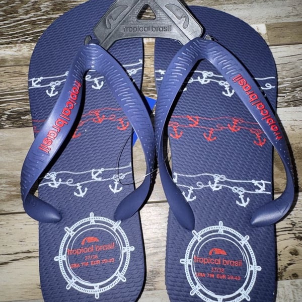 Tropical Brasil Unisex Flip Flops Size USA 7M Navy Anchor Nautical