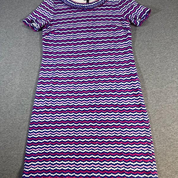 Talbots Chevron Shift Dress Blue /Pink Ruffle Neck Women’s Size Mp
