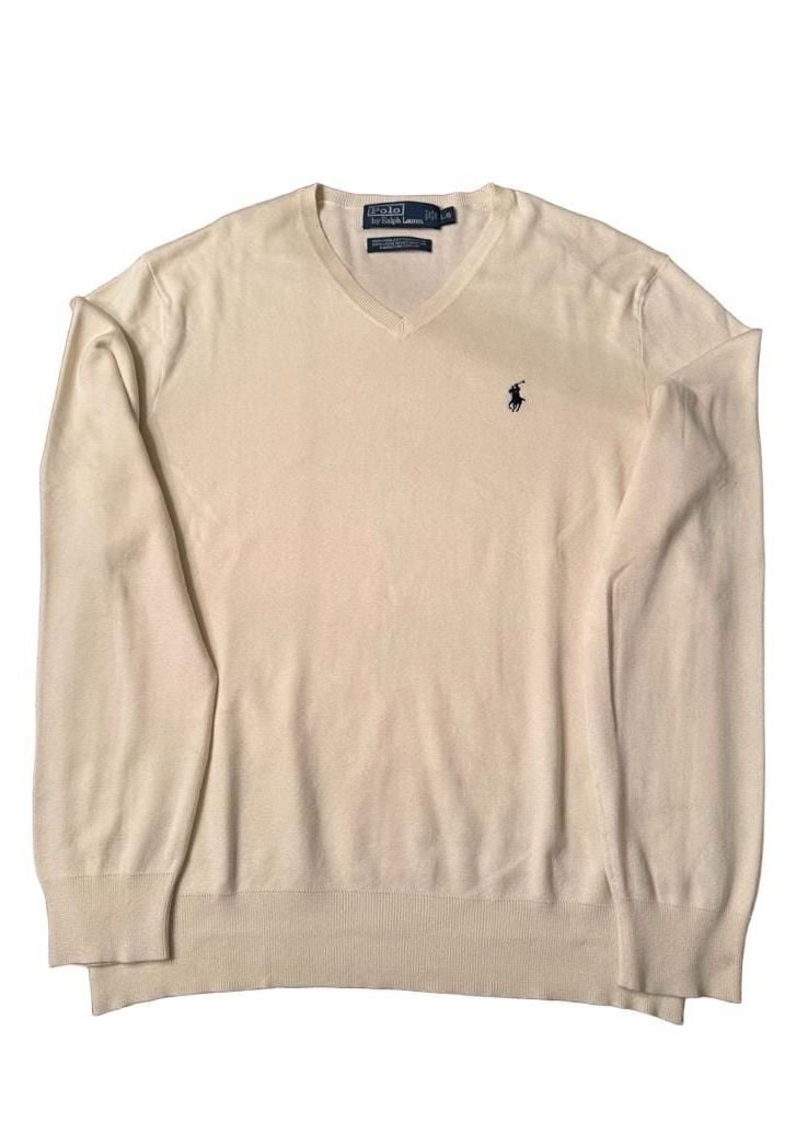 Polo Ralph Lauren V-Neck Sweater Size L Cream Pima Cotton 2