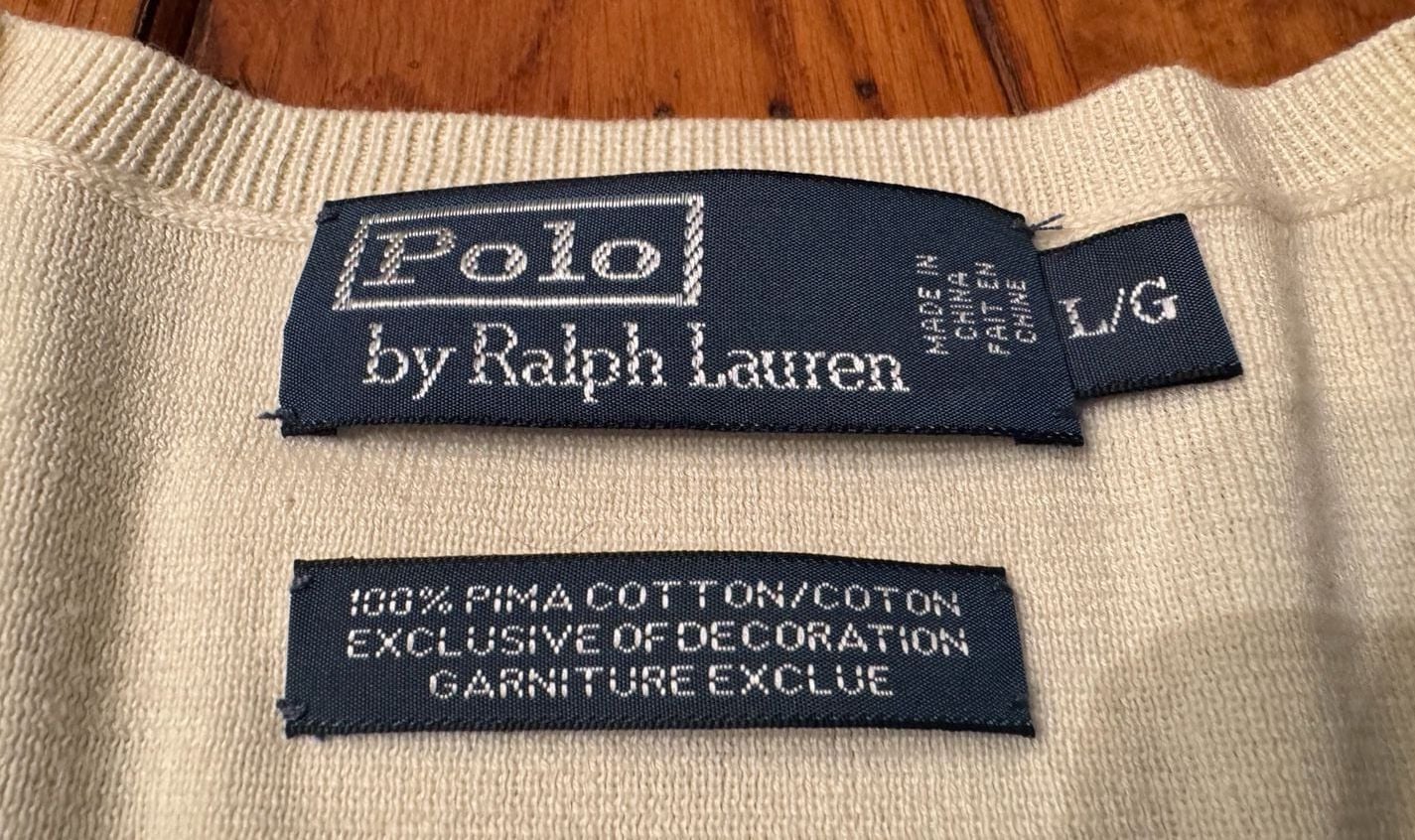 Polo Ralph Lauren V-Neck Sweater Size L Cream Pima Cotton 4