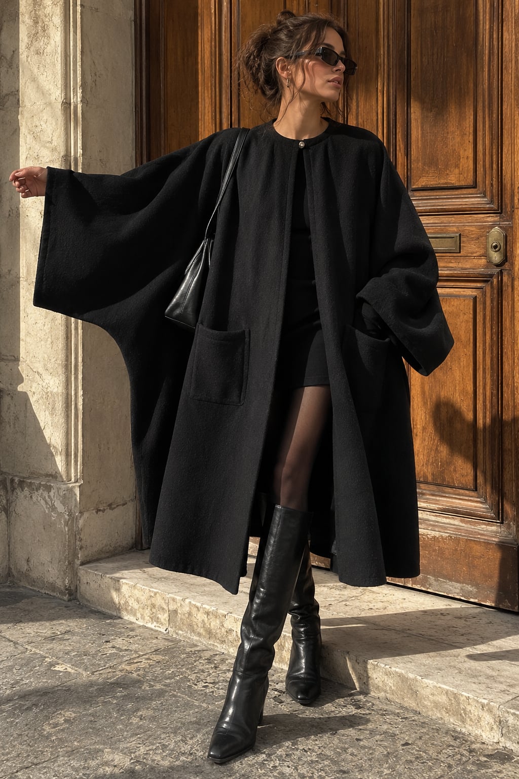 Vintage Jean Louis Scherrer Black Oversized Cocoon Cape Coat Made in France 3