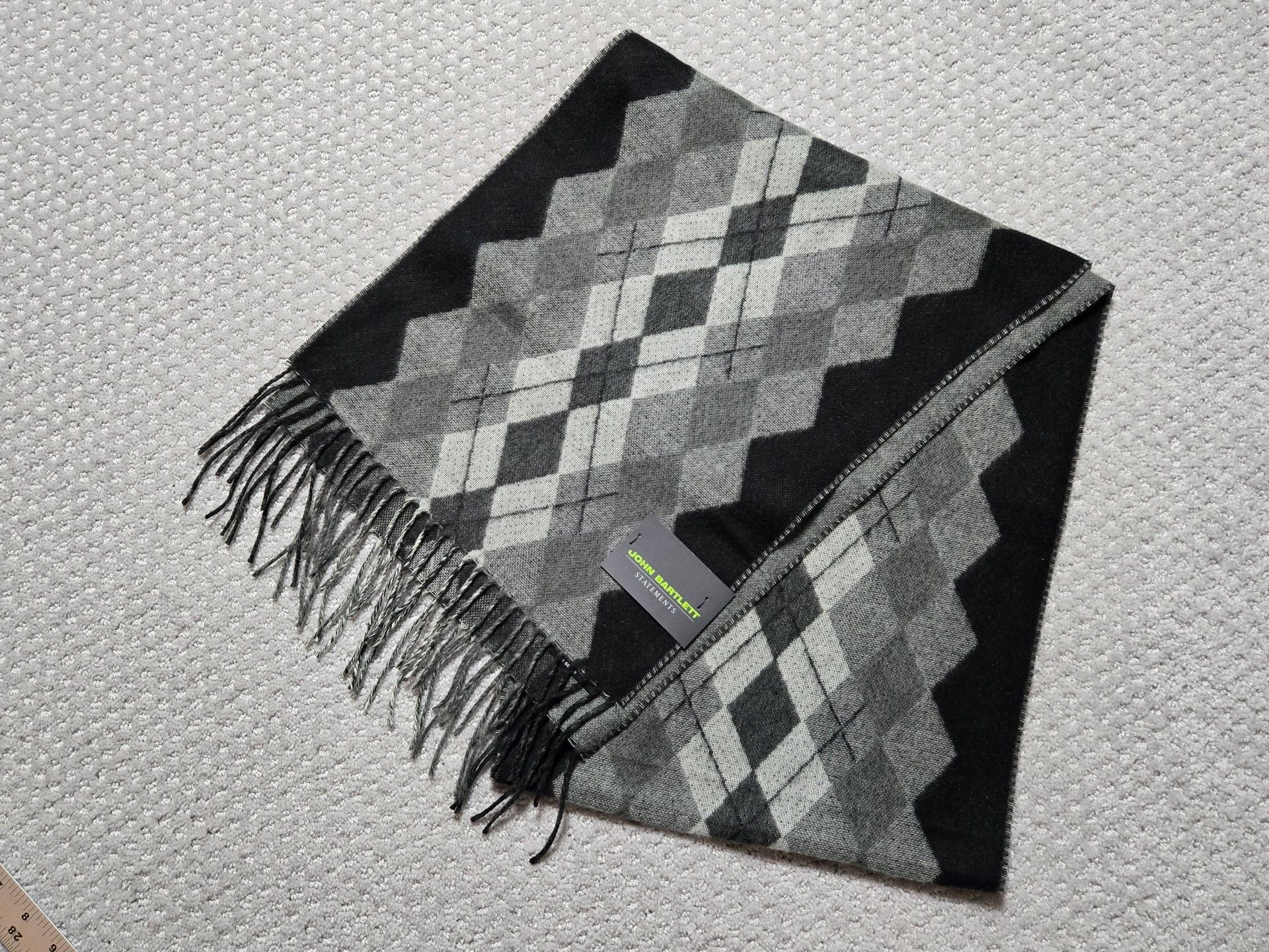 John Bartlett Statements Argyle Scarf Black Gray Fringe 1