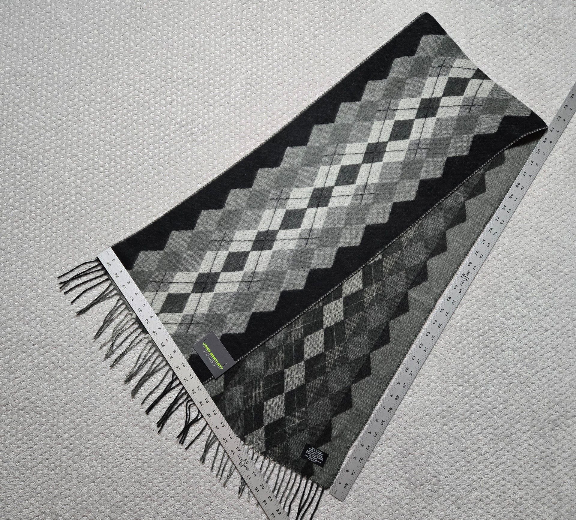 John Bartlett Statements Argyle Scarf Black Gray Fringe 4