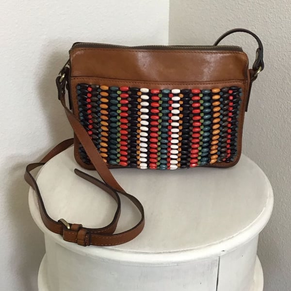 Patricia Nash Leather with Bright Wooden Bead Front Top Zip Crossbody Bag