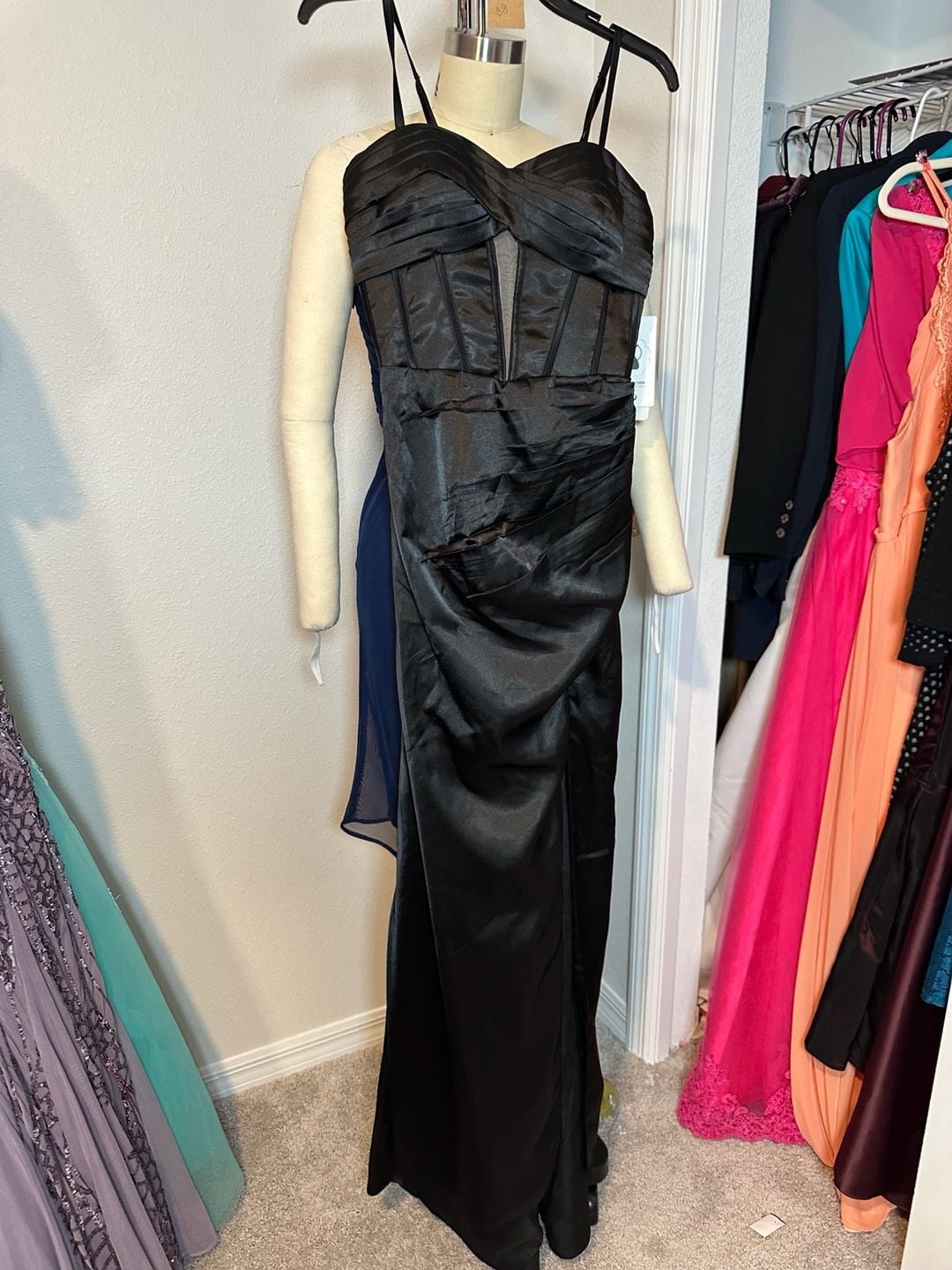 Black Satin Corset Ruched High Slit Formal Prom Evening Gown 3