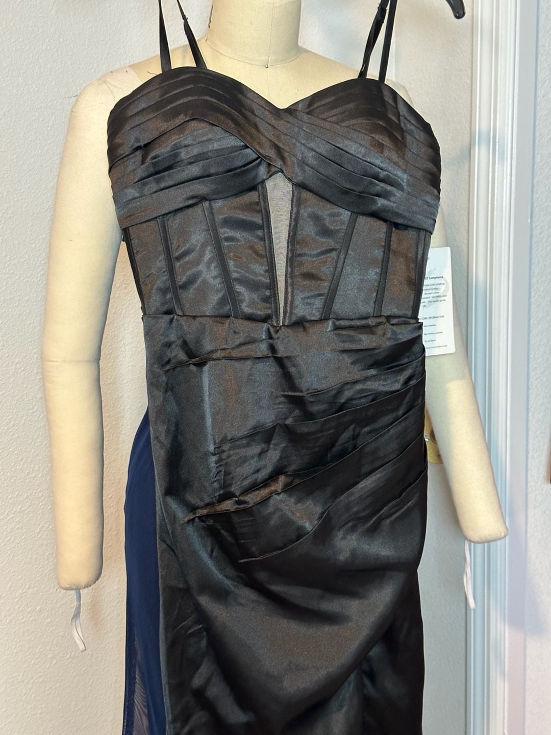 Black Satin Corset Ruched High Slit Formal Prom Evening Gown 4