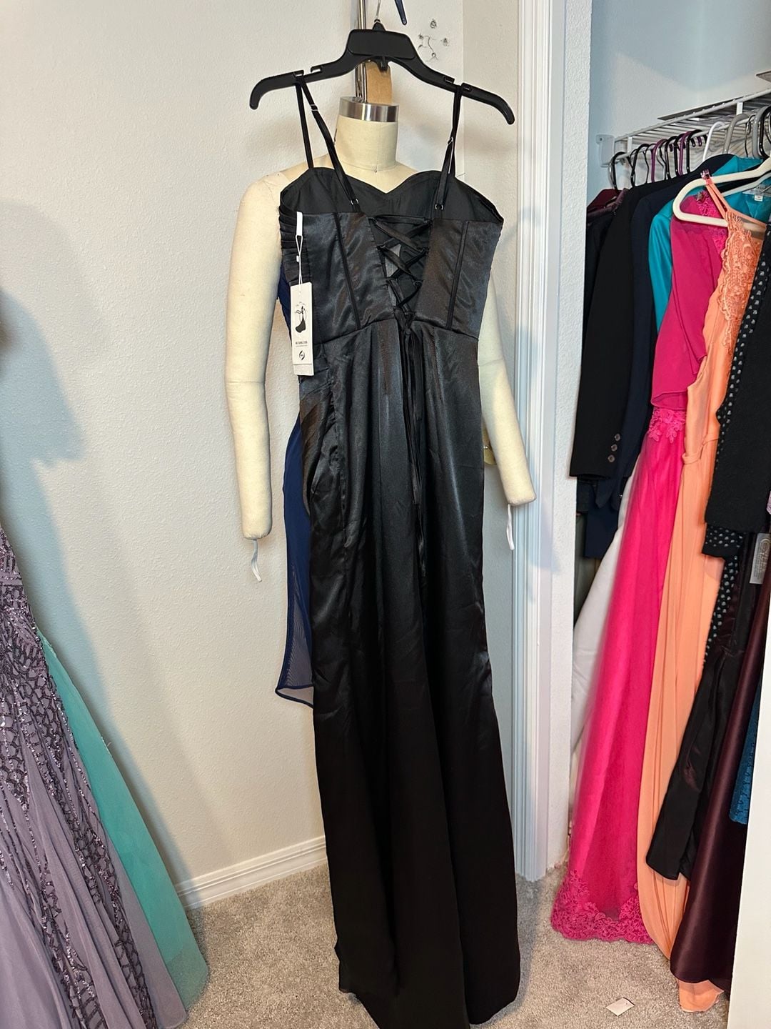 Black Satin Corset Ruched High Slit Formal Prom Evening Gown 5