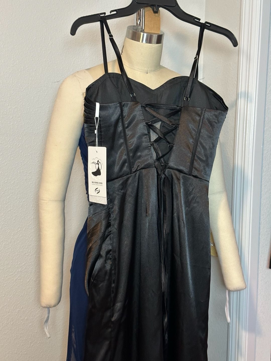 Black Satin Corset Ruched High Slit Formal Prom Evening Gown 6