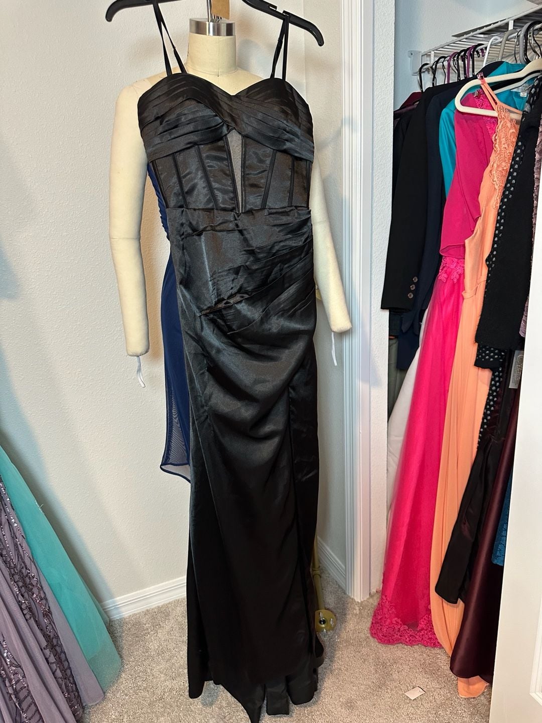 Black Satin Corset Ruched High Slit Formal Prom Evening Gown 8