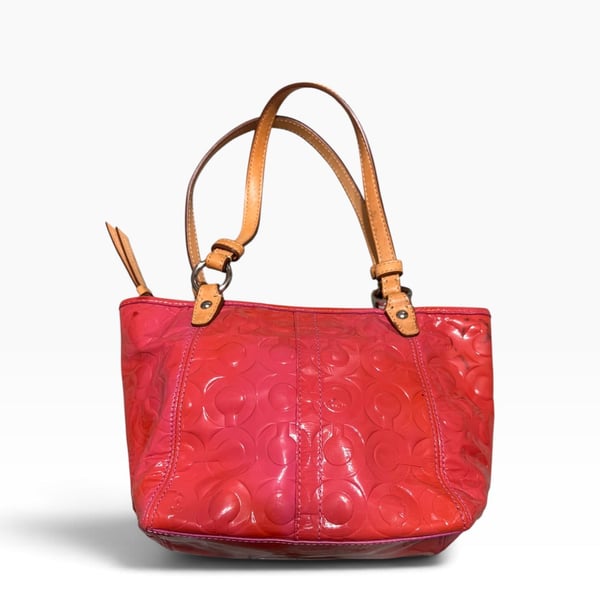 Coach Peyton Signature Embossed Patent Leather Tote Handbag Pink