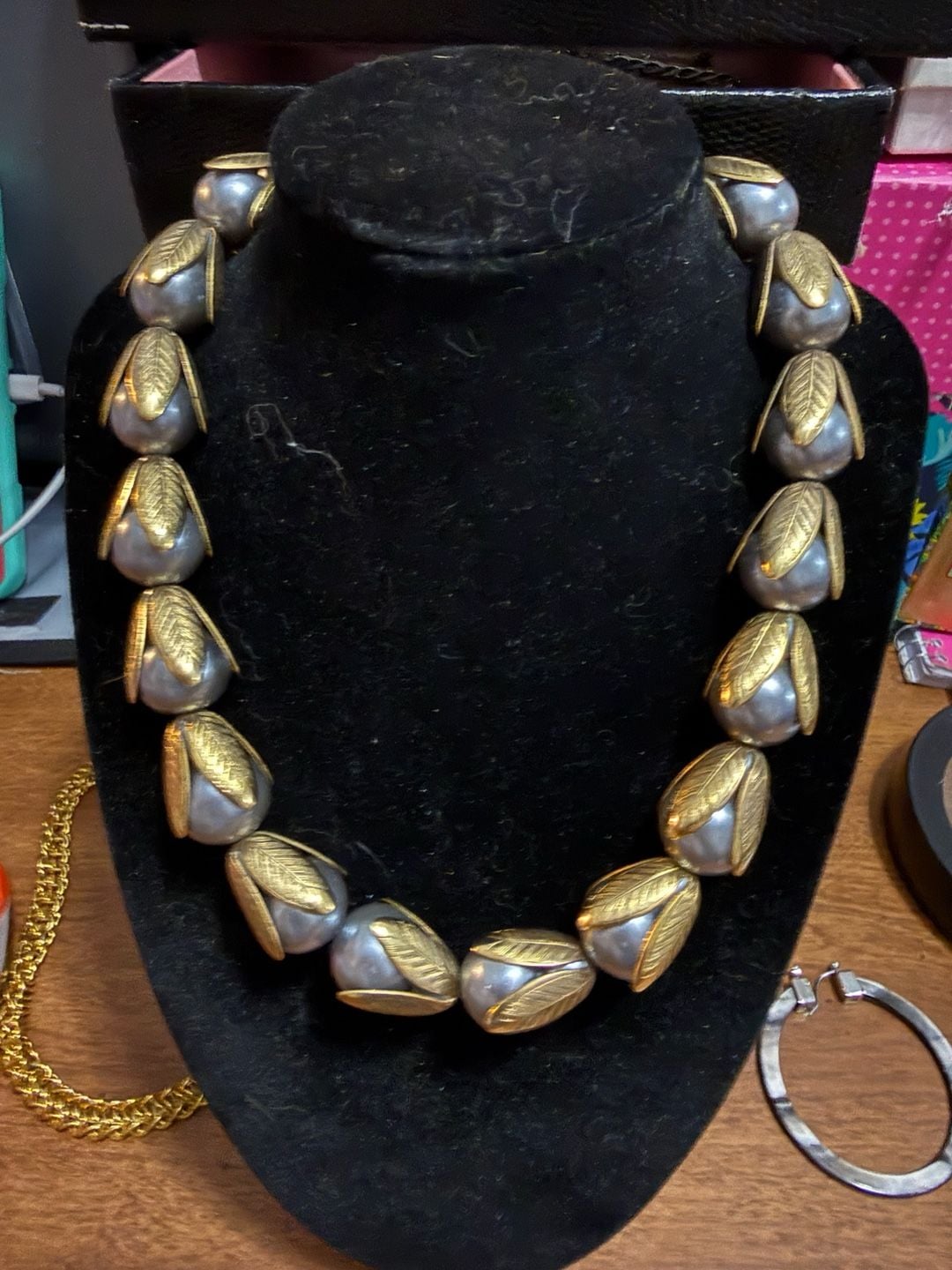 Lenora Dame Heavy Faux Pearl And Goldtone Leaf Necklace 4