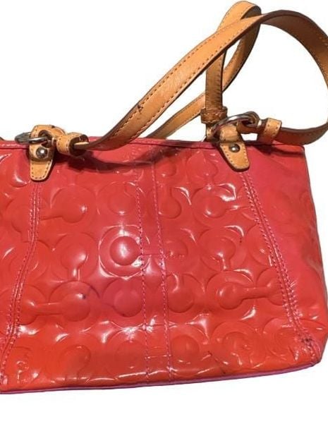 Coach Peyton Signature Embossed Patent Leather Tote Handbag Pink 10