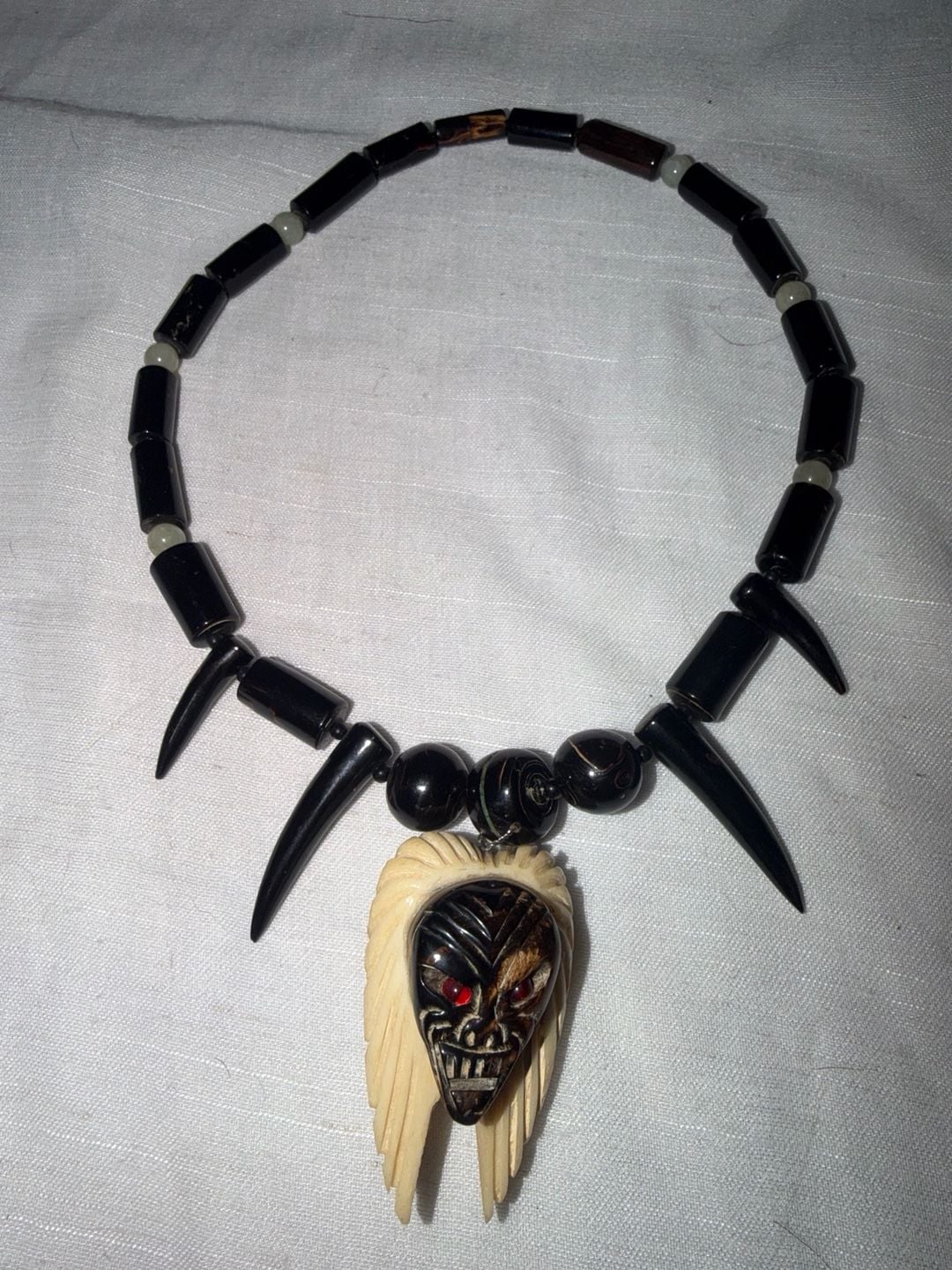 Vintage Tribal Tiki Mask Bone Tooth Bead Black Necklace 2