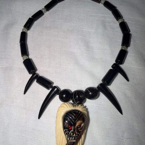 Vintage Tribal Tiki Mask Bone Tooth Bead Black Necklace