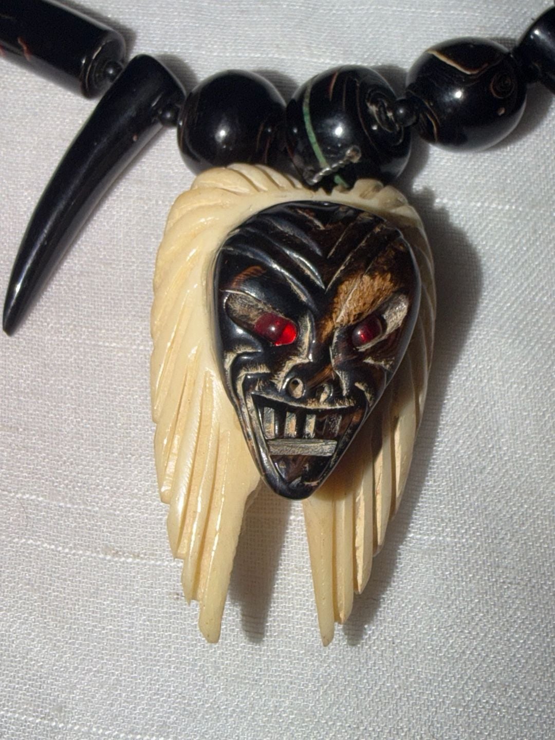 Vintage Tribal Tiki Mask Bone Tooth Bead Black Necklace 3