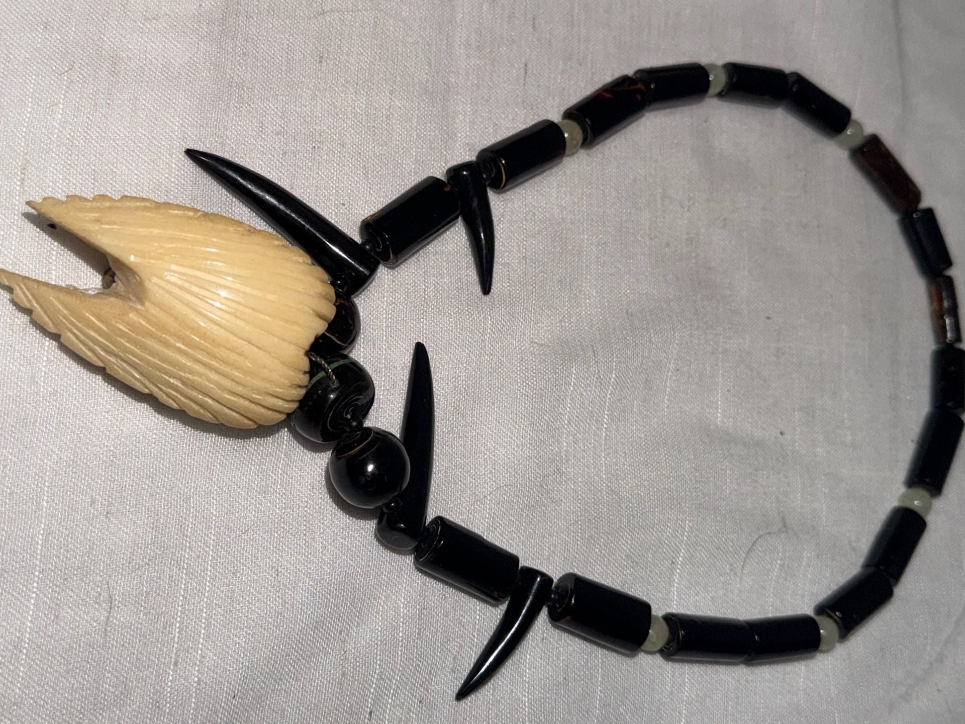 Vintage Tribal Tiki Mask Bone Tooth Bead Black Necklace 4