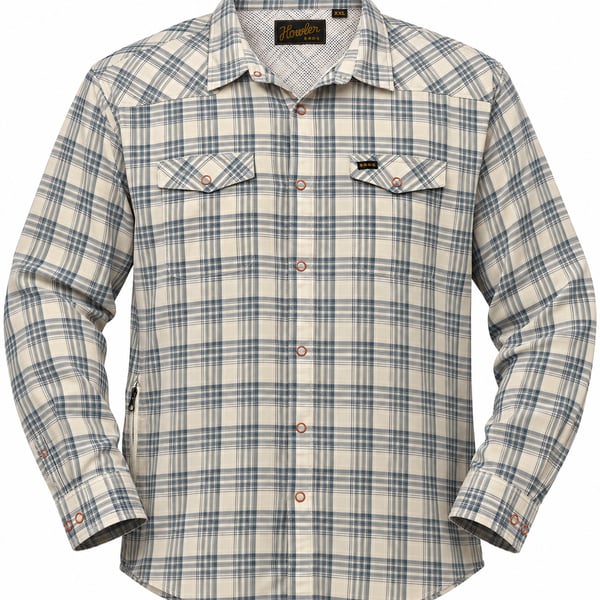 Howler Bros Plaid Snap Shirt XXL Blue Beige Long Sleeve Western