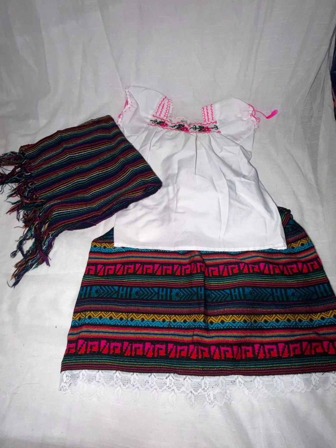 Mexican Traditional Outfit Embroidered Blouse Skirt Scarf 1