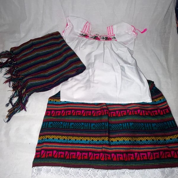 Mexican Traditional Outfit Embroidered Blouse Skirt Scarf