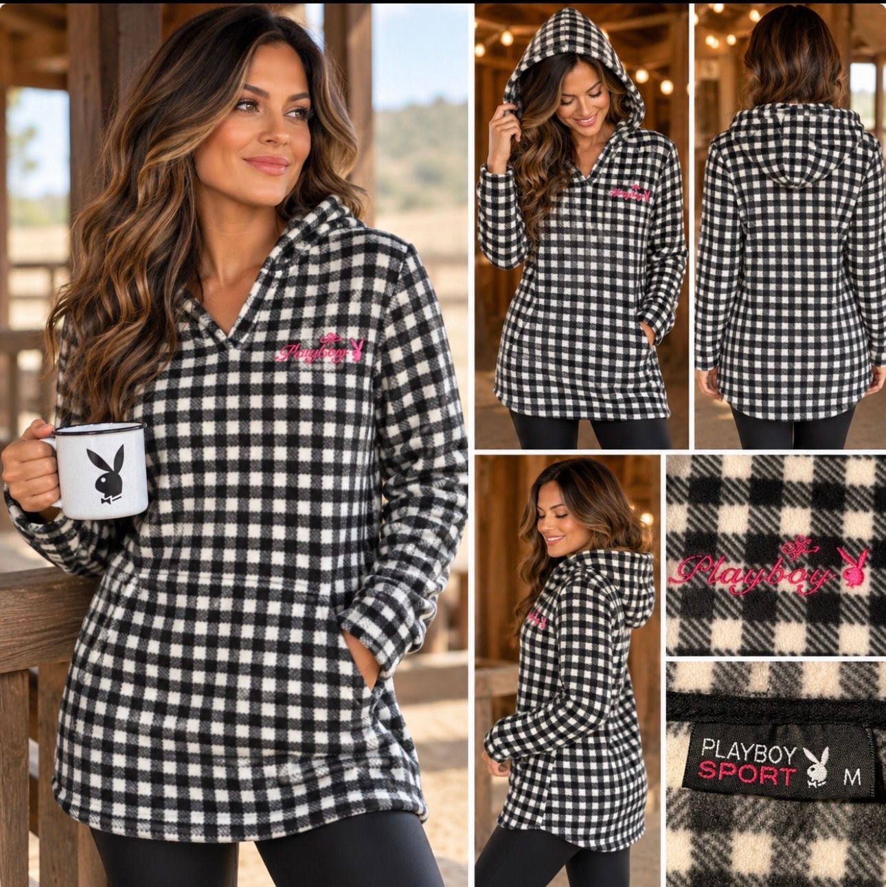 Playboy Sport Women’s M Hooded Pullover Black White Gingham Check Bunny Y2K 2