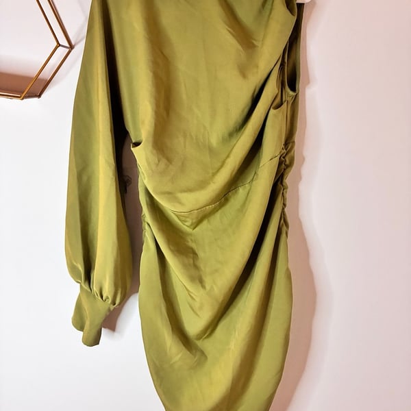 PrettyLittleThing Olive Green One Shoulder Ruched Mini Dress Size 12