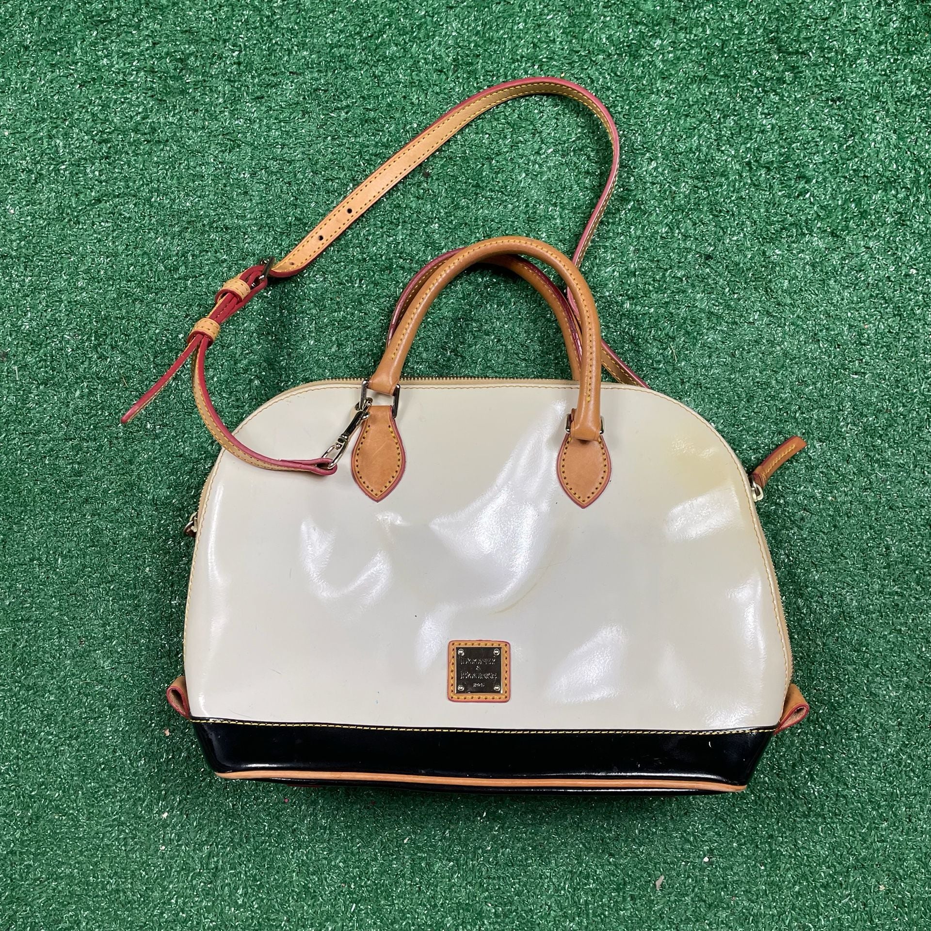 Dooney & Bourke Zip Zip Satchel Patent Leather Pearl White Tan 2