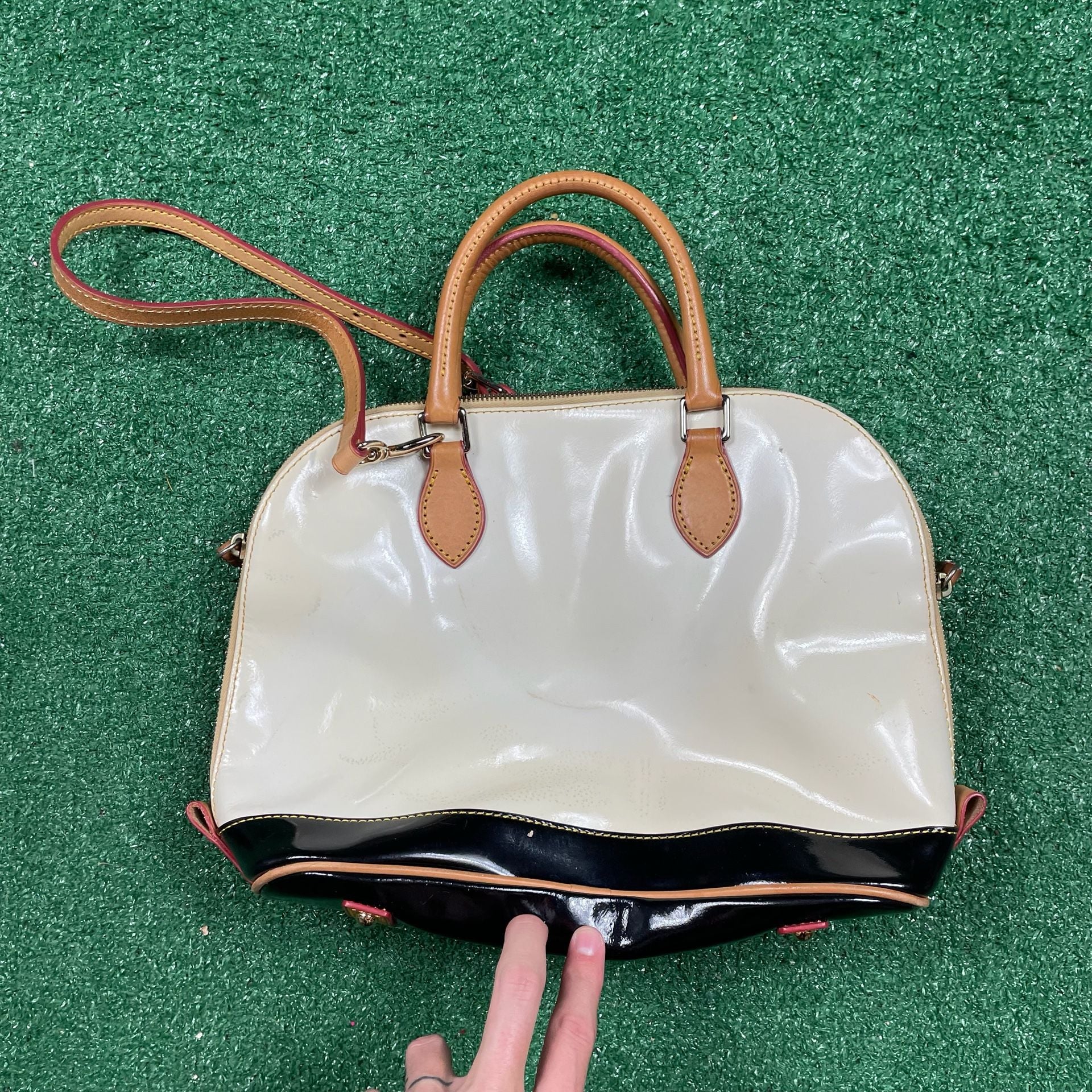Dooney & Bourke Zip Zip Satchel Patent Leather Pearl White Tan 3