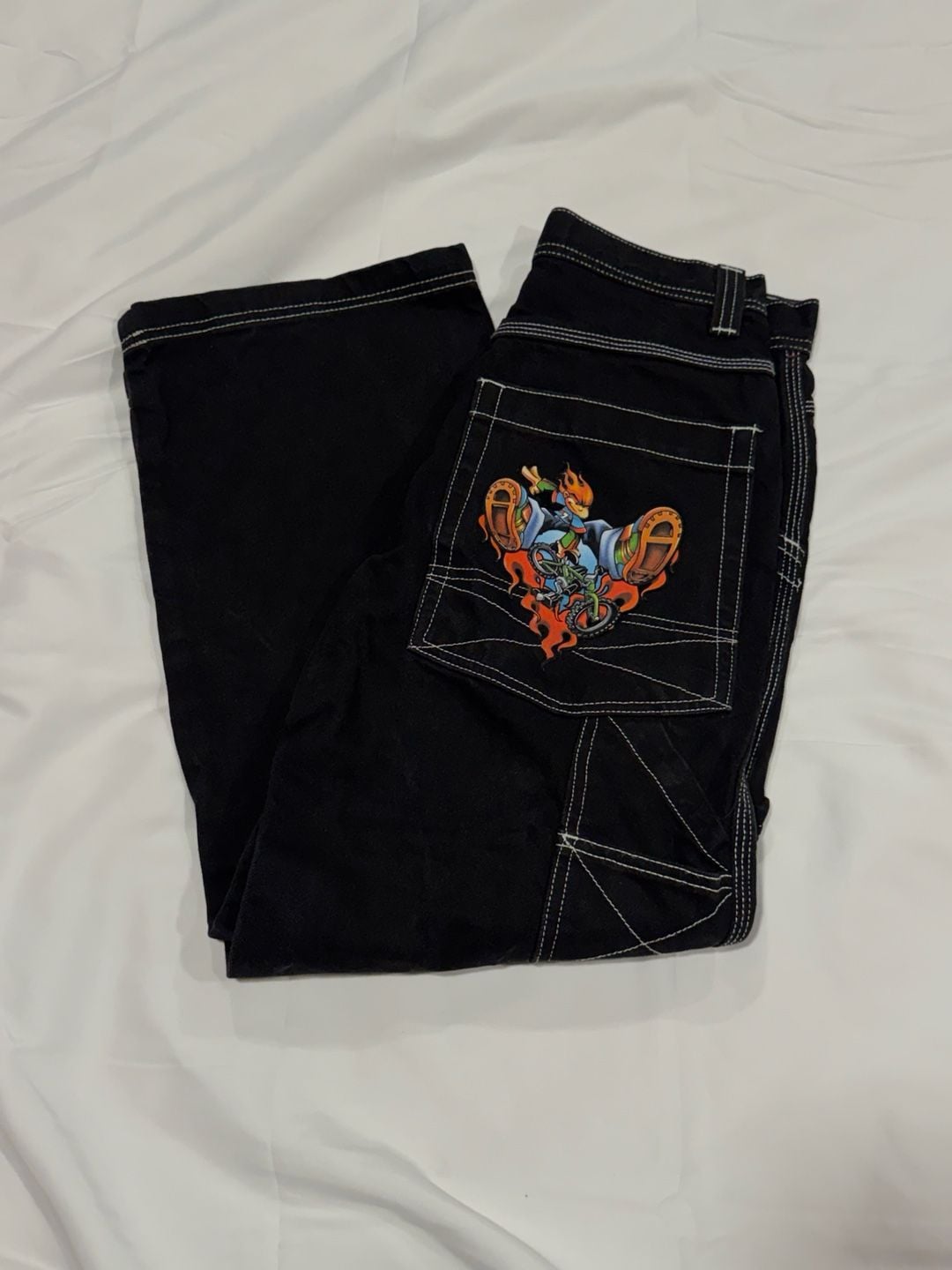 Rare Vintage Flamehead Baggy Denim Jeans 2000s Y2K Black Youth Boys JNCO 2
