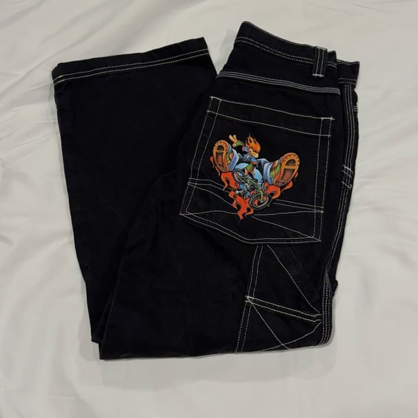 Rare Vintage Flamehead Baggy Denim Jeans 2000s Y2K Black Youth Boys JNCO