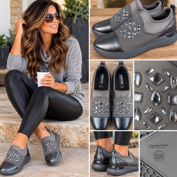 NEW Geox Respira Women’s 7 Gray Rhinestone Embellished Slip On Sneakers Bling
