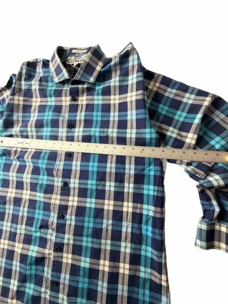 Express Extra Slim Fit Plaid Shirt Size XL 17-17.5 Blue Long Sleeve 6