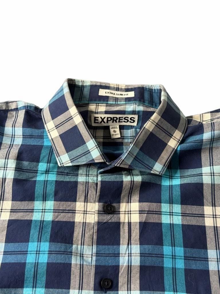 Express Extra Slim Fit Plaid Shirt Size XL 17-17.5 Blue Long Sleeve 8