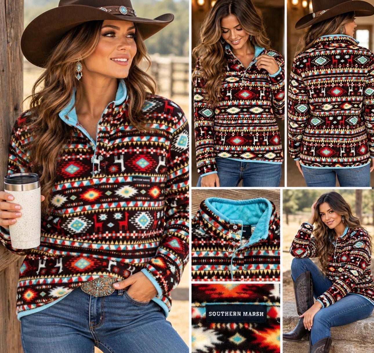 Southern Marsh Harbuck Fleece 1/4 Zip Pullover Aztec Southwestern Print Med 2