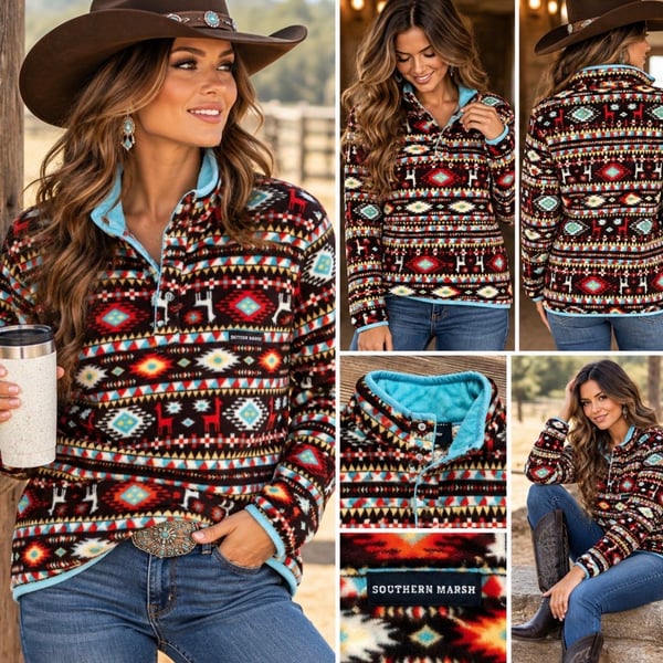 Southern Marsh Harbuck Fleece 1/4 Zip Pullover Aztec Southwestern Print Med
