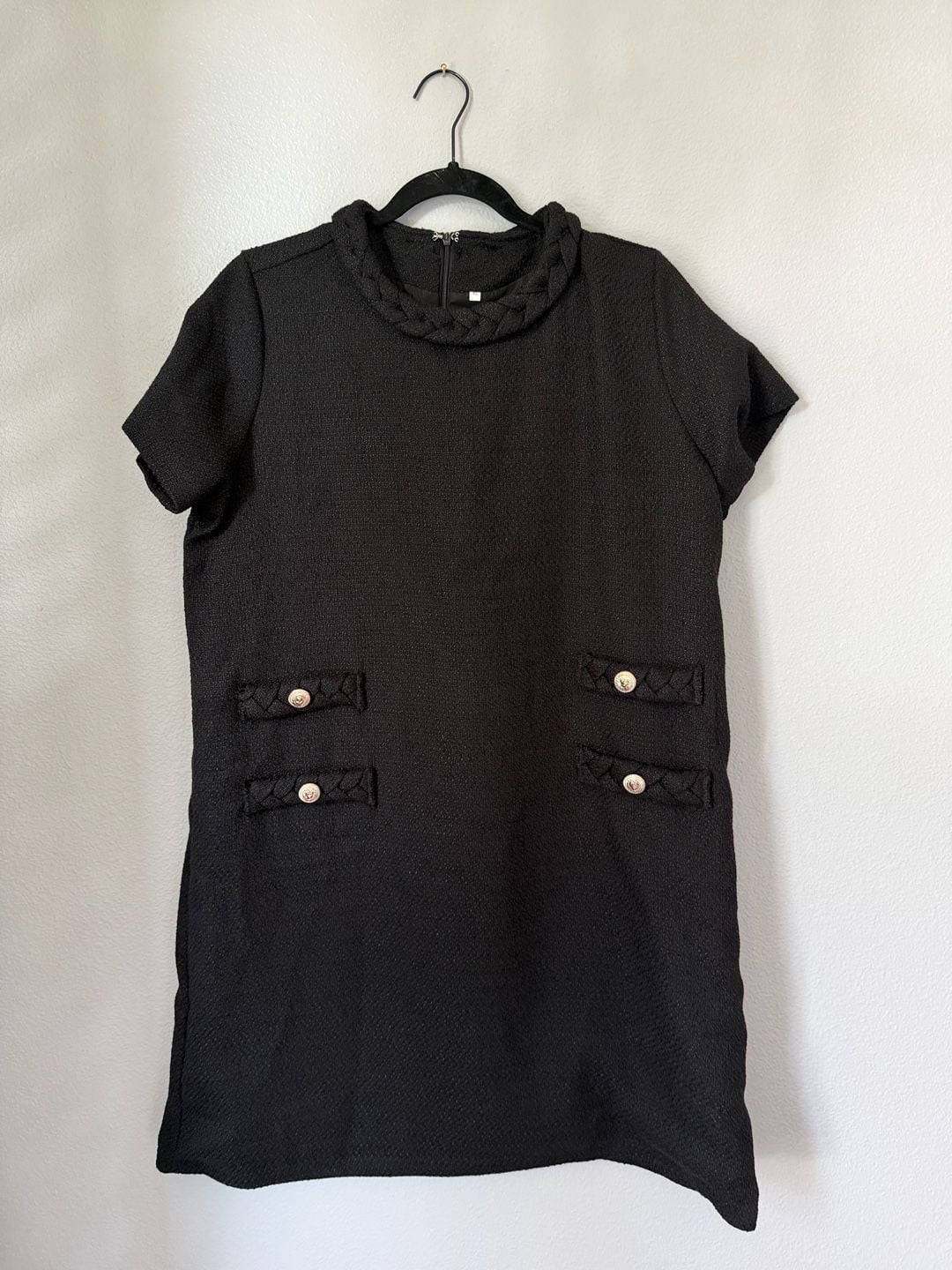 Womens Tweed Dress Elegant Crew Neck Short Sleeve Button Mini Dress 2