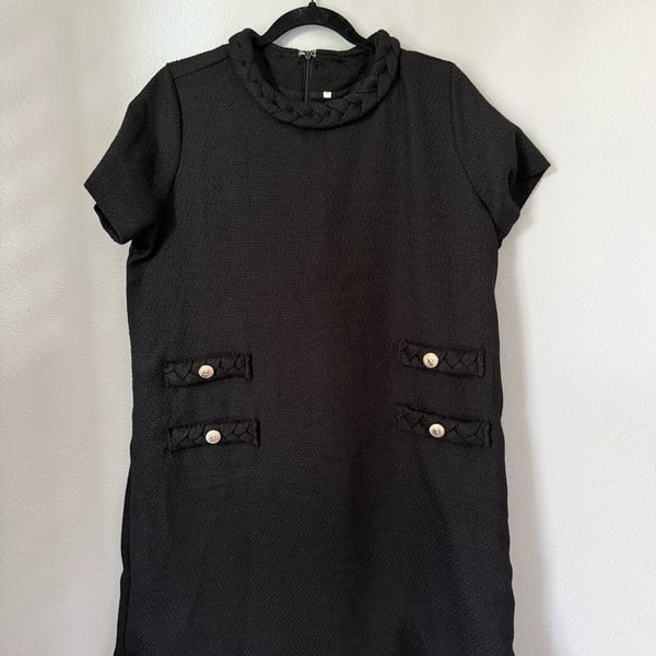 Womens Tweed Dress Elegant Crew Neck Short Sleeve Button Mini Dress