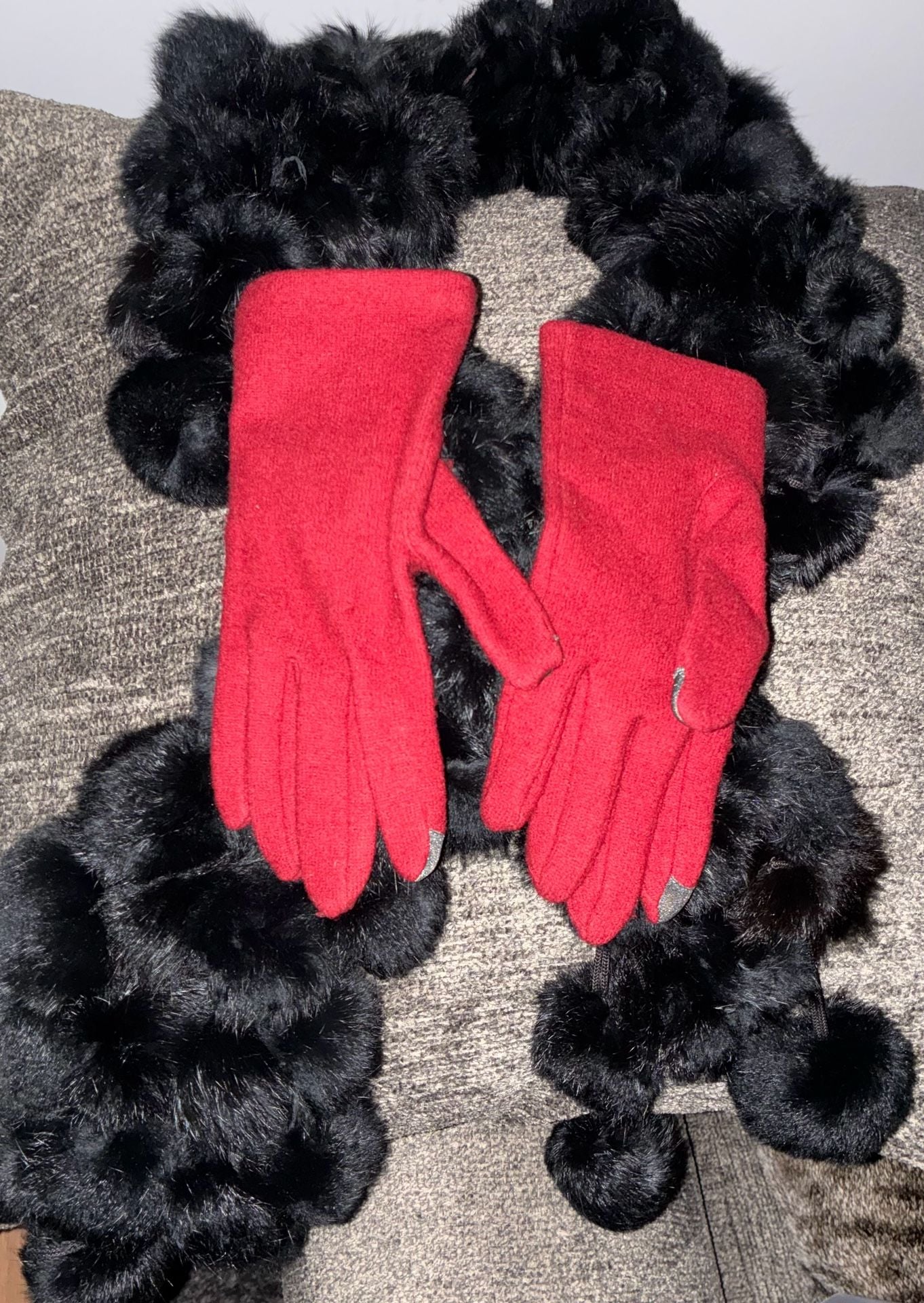 Vintage Black Mink Fur Coat Long Winter Jacket Scarf Earmuffs Gloves Set 13